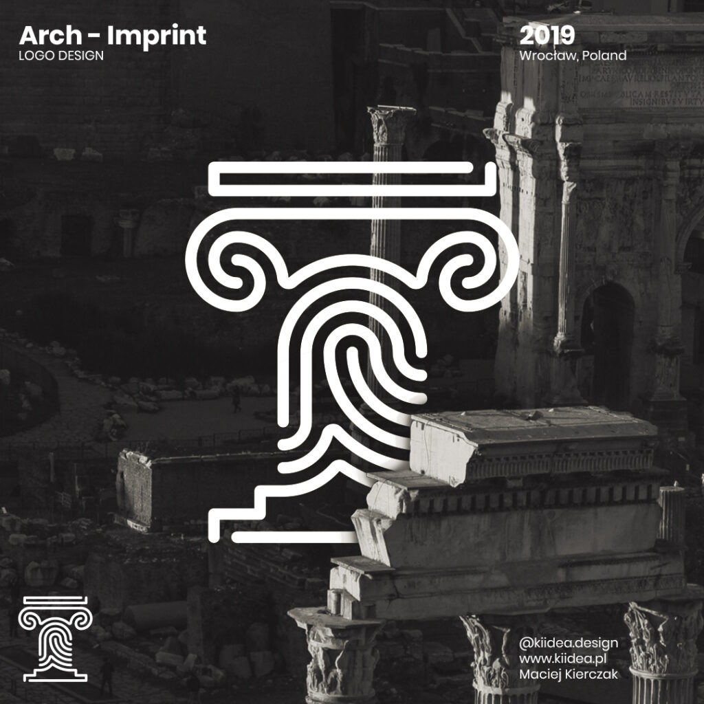 Projekt logo arch imprint- wersja biała na wizualizacji 3d