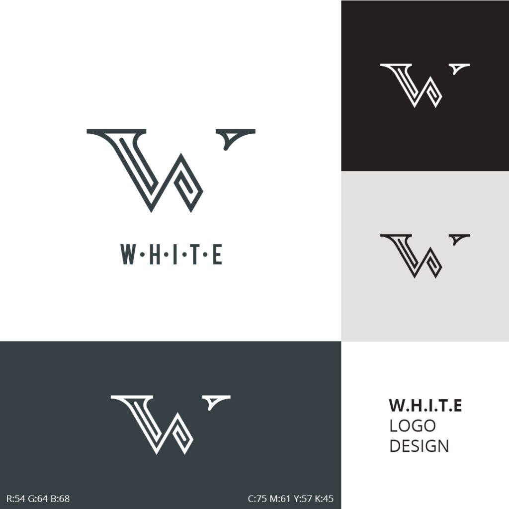 Wizualizacja logo W - White różne wersje i zastosowania