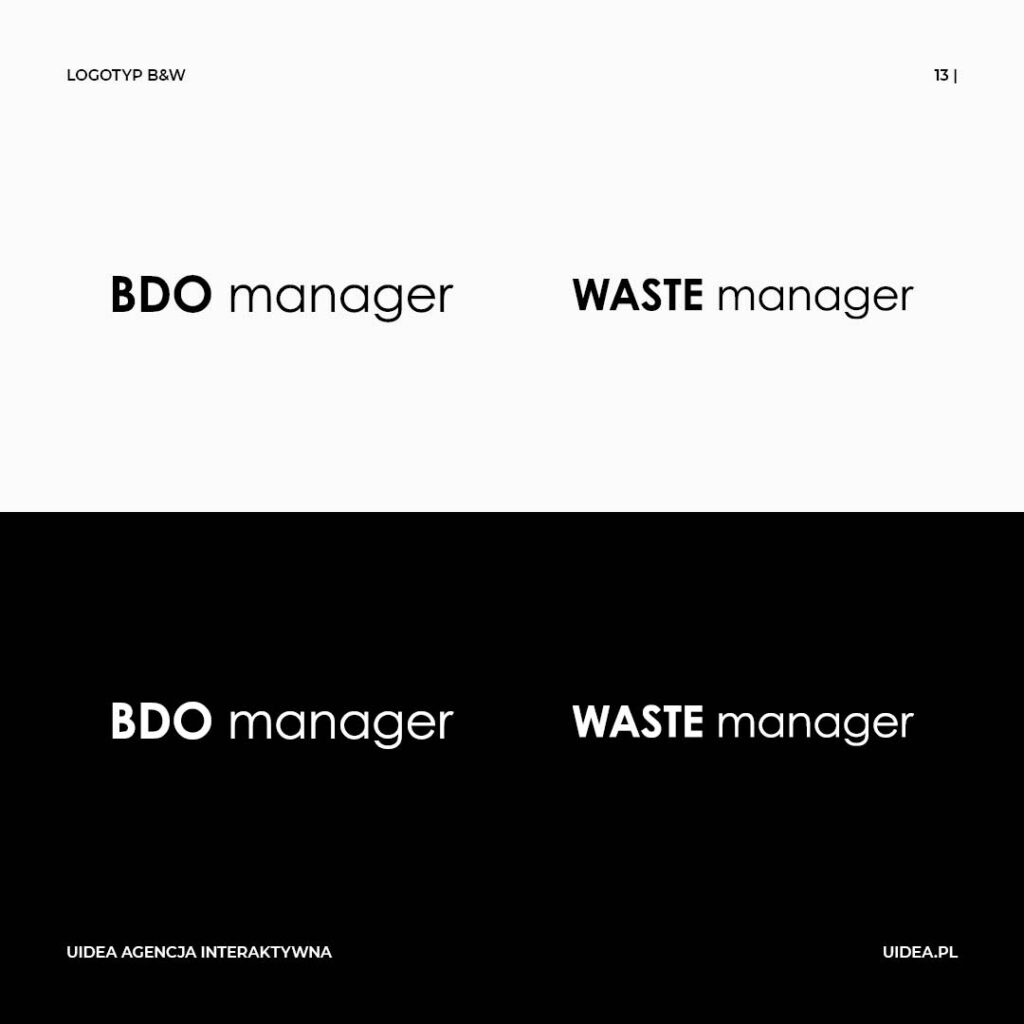 Projekt logo BDO Maganger i Waste Manager - tekst kolorystyka czarno biała
