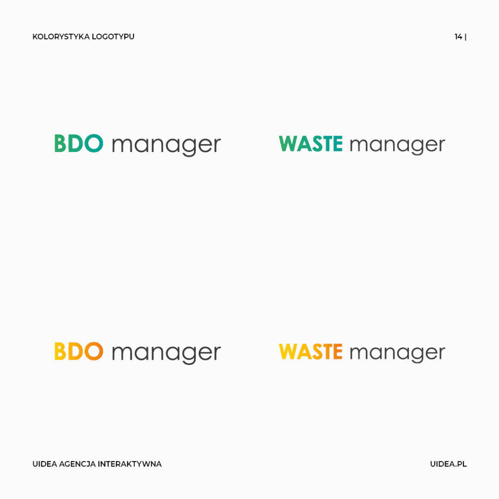 Projekt logo BDO Maganger i Waste Manager - tekst kolorystyka kolejne wersje