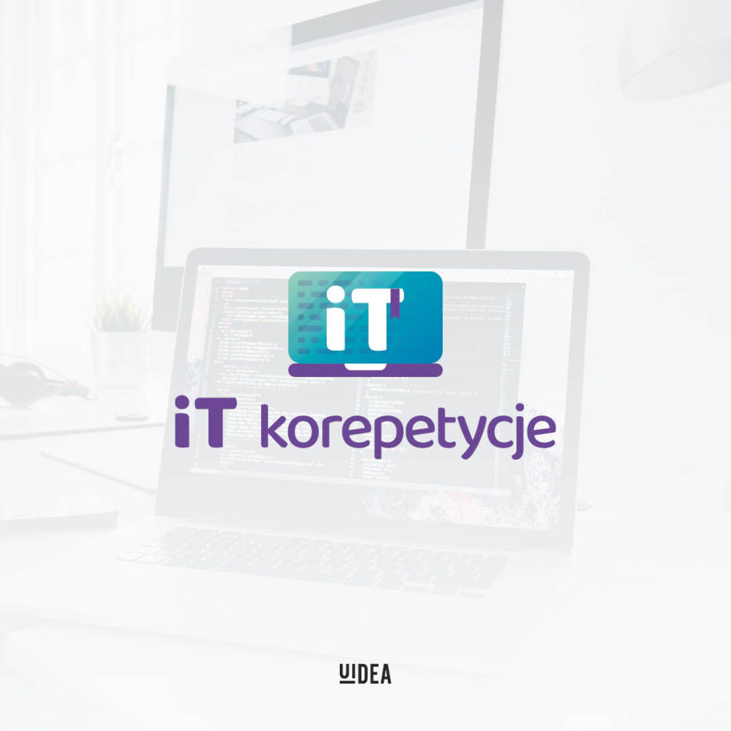 Projekt logo It korepetycje na tle komputera z edytorem tekstowym