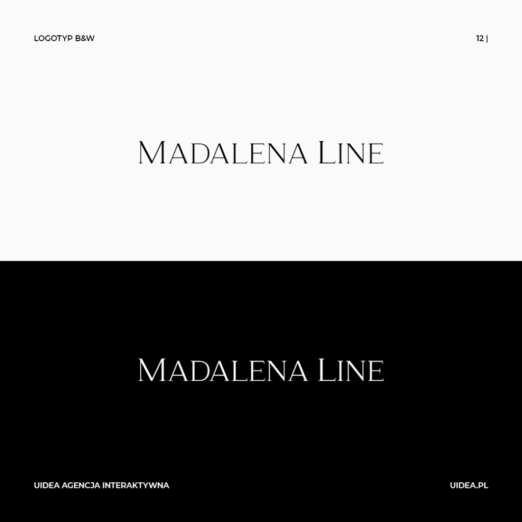 Projekt graficzny logo Madelena Line wersje czarna i biała, sam tekst