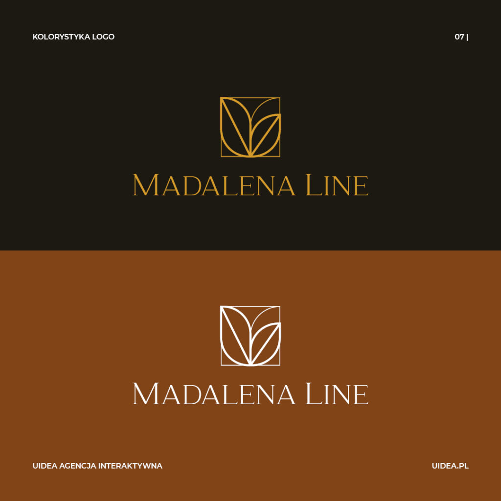 Projekt graficzny logo Madelena Line wersje kolorystyczne, na kolorowych tłach