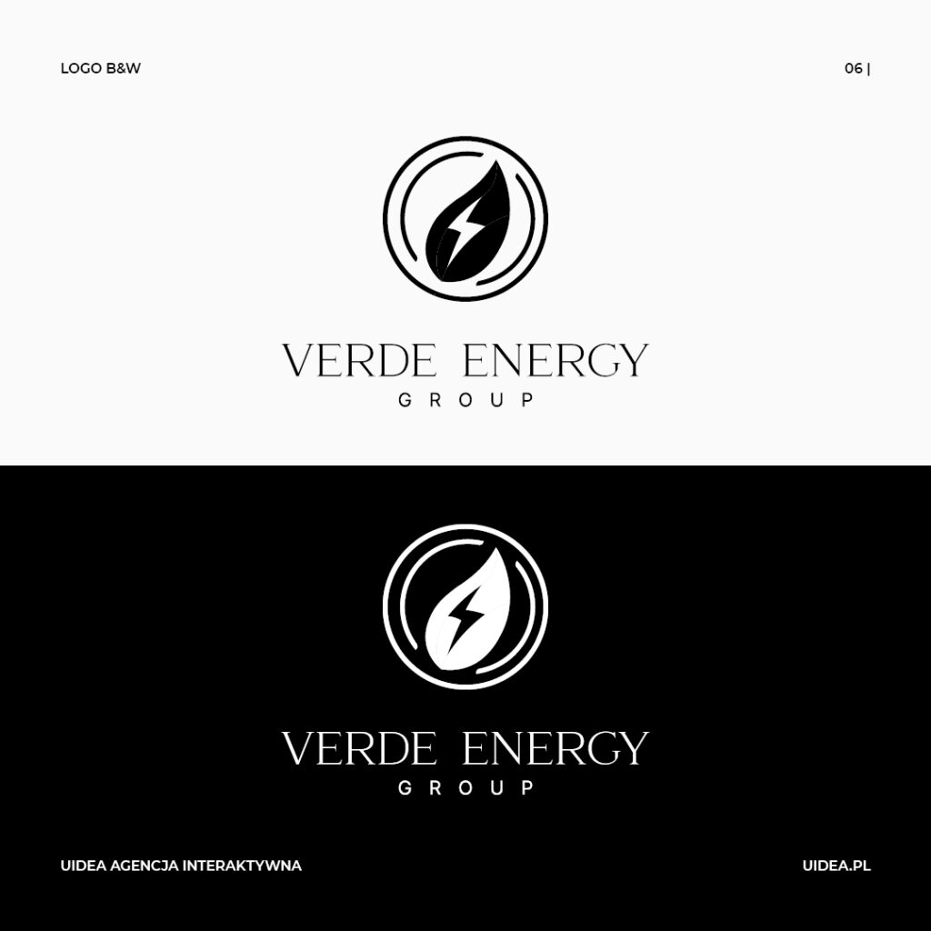 Projekt graficzny logo Verde Energy Group wersja czarna i biała
