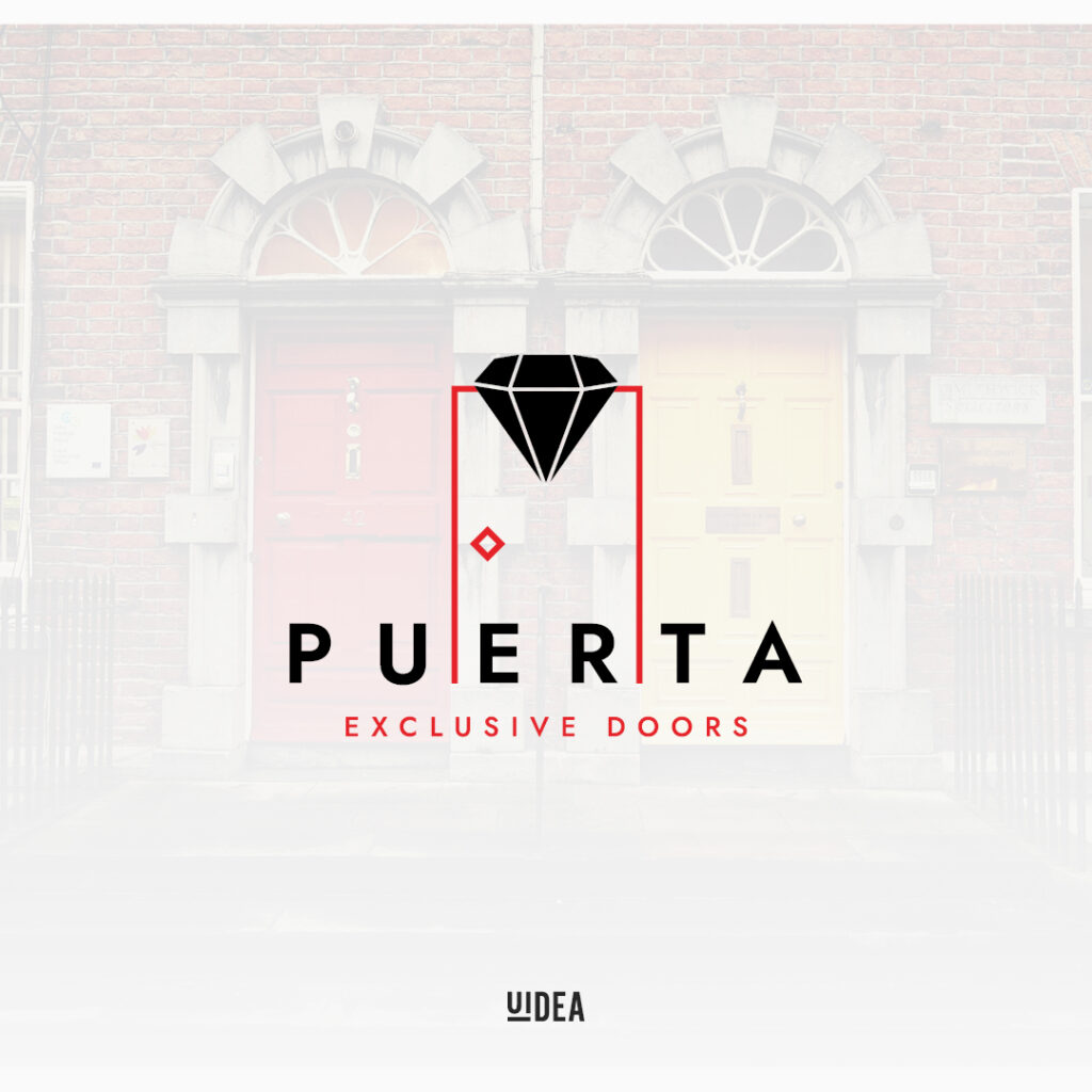 Projekt graficzny logo Puerta Exclusive Doors na tle klasycznych drzwi